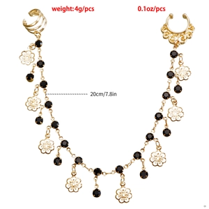 Ethnic style black crystal tassel nose ring and ear clip chain with gold finish