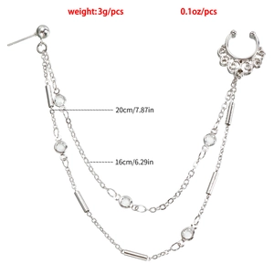 Silver chain nose ring set with clear crystals, featuring 16cm and 20cm double chain links