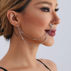 Bohemian Ethnic Style Nose Ring To Ear Chain Silver Metal Rhinestone Double Layer Tassel Nose Chain For Women Body Jewelry