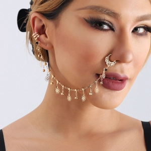Bohemian gold nose-to-ear chain with black crystal tassels and moon pendants