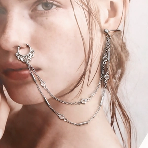 Silver nose to ear chain jewelry with hollow vintage pattern and clear crystal beads