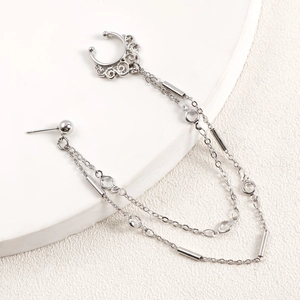 Silver tassel ear cuff chain with vintage filigree details and sparkling zircons