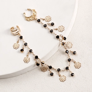 Ethnic gold nose ring to ear cuff chain with black crystal tassels and floral charms