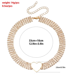 Detailed view of layered gold rhinestone choker with hollow heart pendant and dimensions