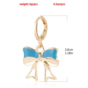 Golden alloy bow drop earrings with light blue enamel finish and size markers