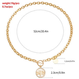 Detailed size chart of gold tree of life necklace with toggle clasp and white zircon inlay