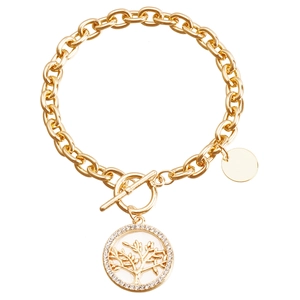 Detailed close-up of golden Tree of Life charm bracelet with rhinestones and OT toggle clasp