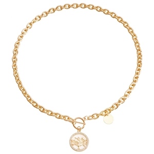 Detailed close-up of gold OT buckle necklace featuring a tree of life pendant and zircon