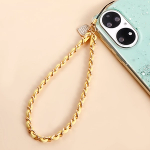 Cordino per cellulare in velluto giallo intrecciato a mano con pendente a cuore e catena oro