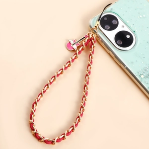 Catena intrecciata dorata e laccio per telefono in velluto rosa con ciondolo a chitarra
