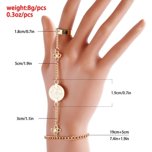 Vue détaillée du bracelet bague doré bohème avec mesures et dimensions précises