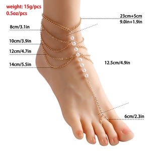Bohemian multilayer pearl anklet with toe ring and gold chain for beach vacation style