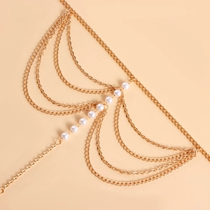 Bohemian gold layered thigh chain with elegant white pearls for beach vacation style