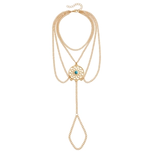 Bohemian gouden lichaamsketting met bloemenhanger en blauwe turkoois steen op witte basis