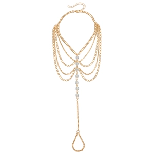 Bohemian multilayer gold slave bracelet with crystal beads and finger ring chain for beach