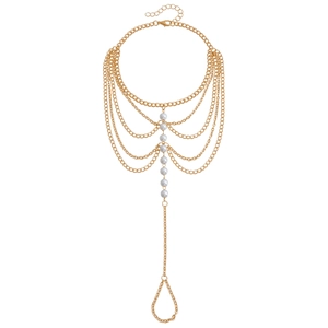 Multi-layer gold metal beach anklet featuring faux pearls and bohemian fringe tassels