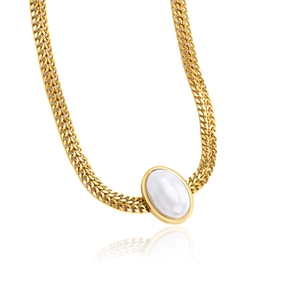 Massive goldene geflochtene Halskette mit elegantem ovalem Perlenanhänger für Damen
