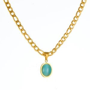 Collier à chaîne plate dorée avec pendentif ovale en pierre précieuse turquoise moderne
