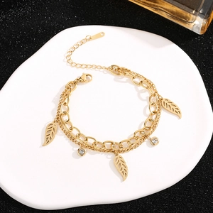 Bracciale da Donna in Acciaio Inossidabile a Doppio Strato Con Pendenti a Foglia Traforata e Zirconia Gioielli Catena Placcata Oro