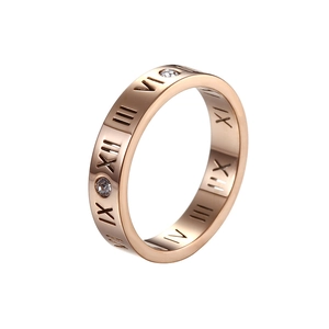 Rose gold stainless steel ring with Roman numerals and cubic zirconia stones