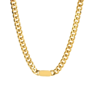 Chunky gold Cuban link chain necklace with a smooth oval engravable nameplate pendant