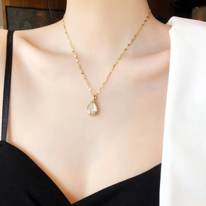 Elegant tulip pendant necklace in gold titanium steel with opal and micro-pave diamonds