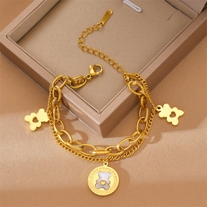 Double-layered titanium steel bear bracelet with gold plating and white shell pendant