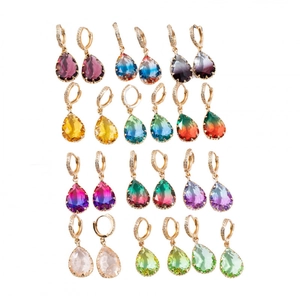 Set of 12 multi-color teardrop dangle earrings with gold metal plating and small zircons