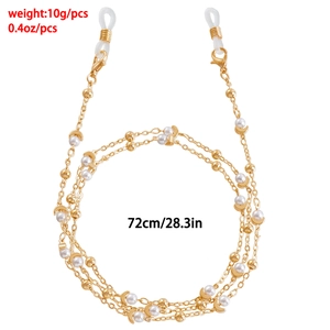 Chaîne de lunettes dorée élégante avec perles blanches et lunes, longueur 72 cm