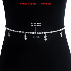Hip hop rhinestone waist chain belt with silver dollar sign pendants on black mannequin