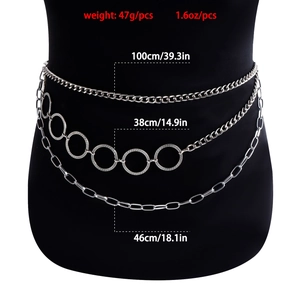 Three-layer silver metal waist chain with geometric rings and dimensions on body model
