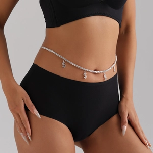 Silver rhinestone body chain with dollar sign pendants for hip hop street fashion