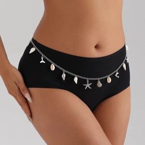 Silver ocean style waist chain with starfish shell and conch pendants for women