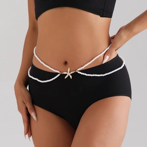 Dames Sexy Dubbellaagse Imitatieparel Tailleketting Goud Legering Zeester Strass Hanger Bikini Lichaamsketting Sieraden