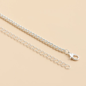 Detailed macro view of the silver lobster clasp and adjustable metal chain link extension