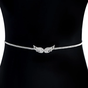 Detail of sparkling double-row rhinestone waist chain featuring a silver angel wing pendant