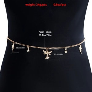 Golden alloy body chain with angel and star pendants shown on a black model torso