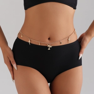 Exquisite gold waist chain with angel and star pendants shown on model's waist