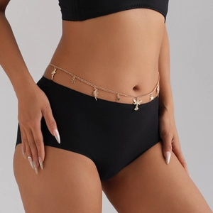 Sexy gold body chain with angel and star pendants on a minimalist metal waist link