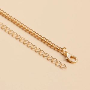 Detailed macro of golden metal waist chain with lobster clasp and adjustable links