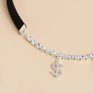 Chic black stretch choker with silver rhinestones and a sparkling dollar sign pendant