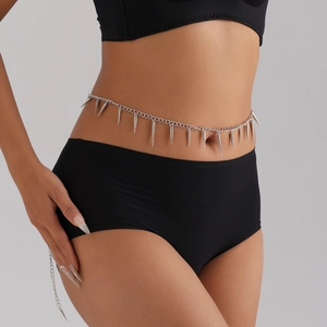 Silver geometric punk waist chain featuring metal cone spikes on a delicate linked belt