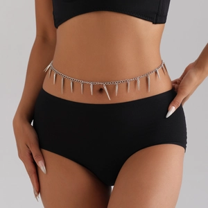Silver punk style body chain with geometric spikes and circular links for women fashion