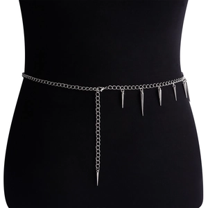 Silver punk body chain with geometric spikes and conical metal pendants for women