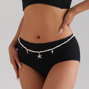 Cadena de cuerpo para playa sexy de doble capa con estrellas de mar doradas y conchas blancas