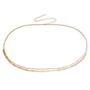 Detail of gold double-layered waist chain featuring V-shaped sequins and lobster clasp