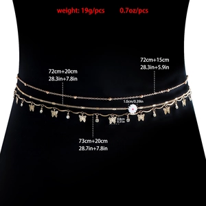 Sexy layered gold metal belly chain with butterfly pendants and sparkling rhinestones
