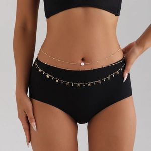 Three-layer gold belly chain with dainty metal butterfly pendants and floral accents