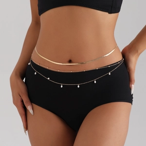 Double-layered golden waist chain with smooth snake bone link and white pearl charms