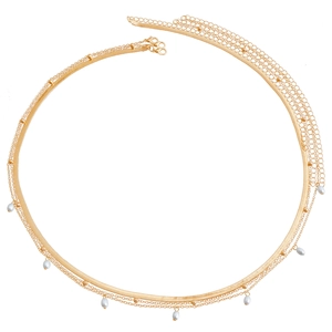 Detail of gold multi-layered body chain with white faux pearl pendants and lobster clasp